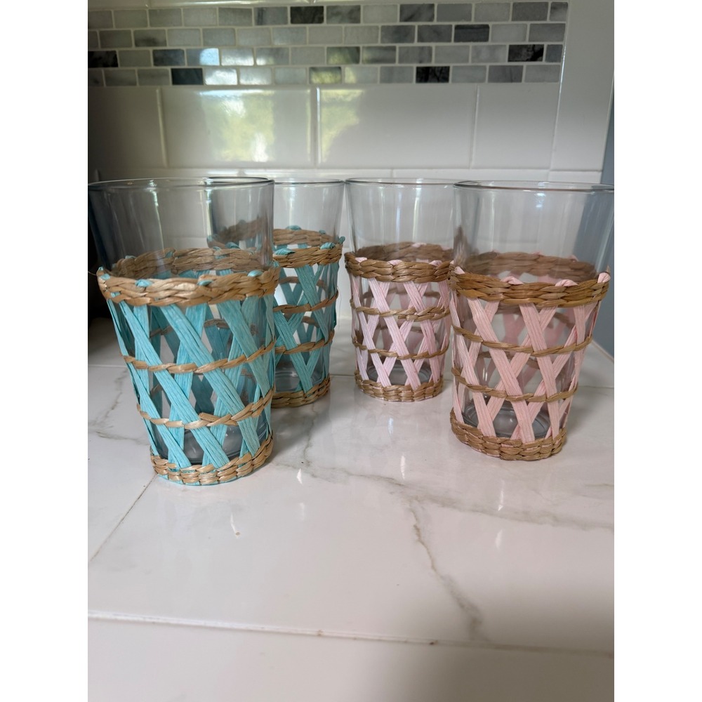Vintage Coastal Rattan Woven Highball Glasses Set of 4 Pink Blue 6 inch Tumblers